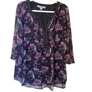 Ruff Hewn Size 1X Paisley Chiffon Tunic Blouse Grommet V-Neck Black Purple